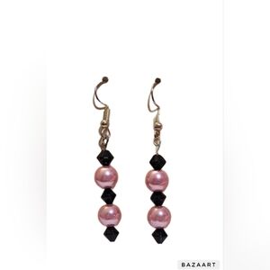 Pretty pink pearly glass dangle earrings with black glass bicone beads